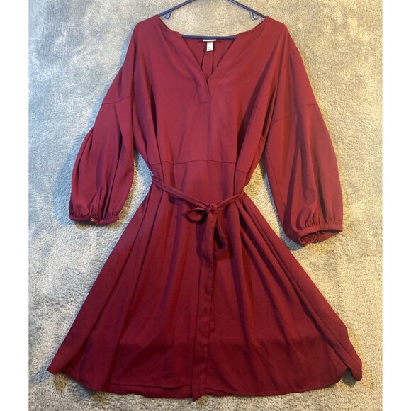 A New Day Dress WomesPlus XXL Burgundy Knee Length V Neck Bishop Sleeves Tie - Picture 4 of 10